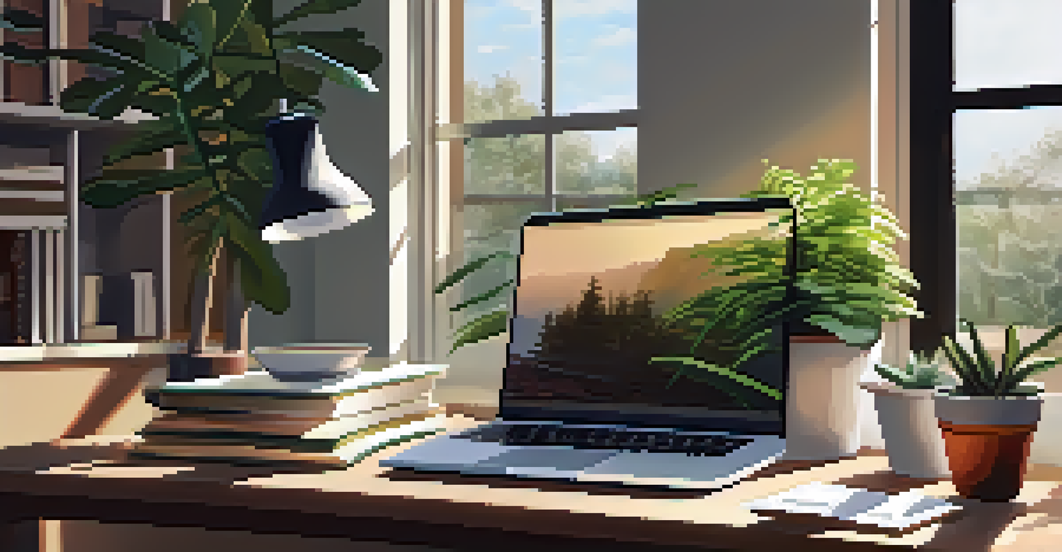A modern writer's workspace with a laptop, coffee cup, books, and a potted plant, illuminated by natural light.