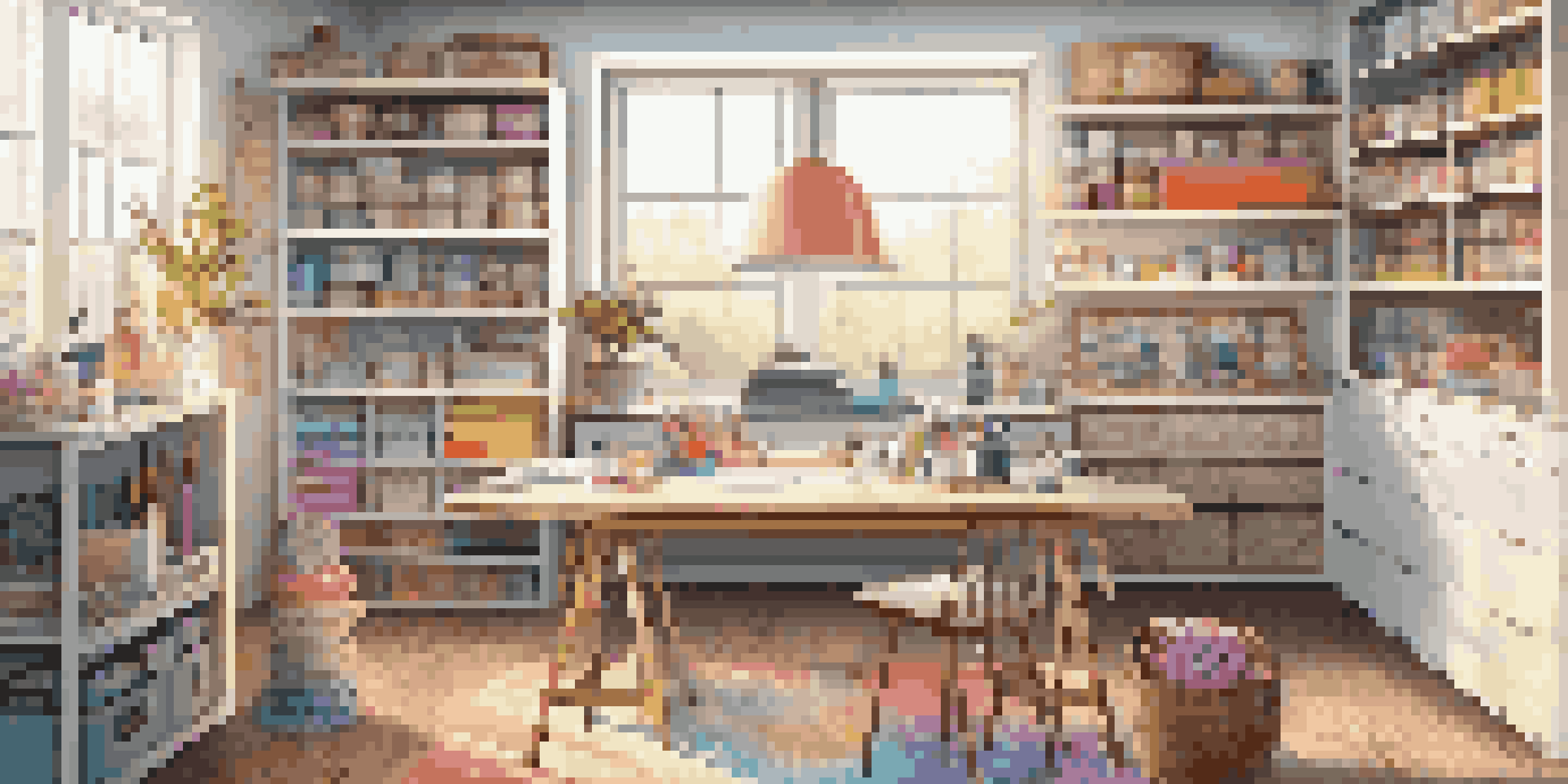 A well-organized DIY workspace with crafting tools and colorful materials, illuminated by natural light.