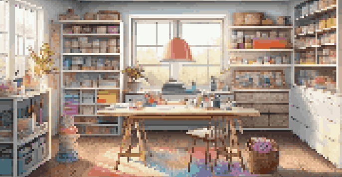 A well-organized DIY workspace with crafting tools and colorful materials, illuminated by natural light.