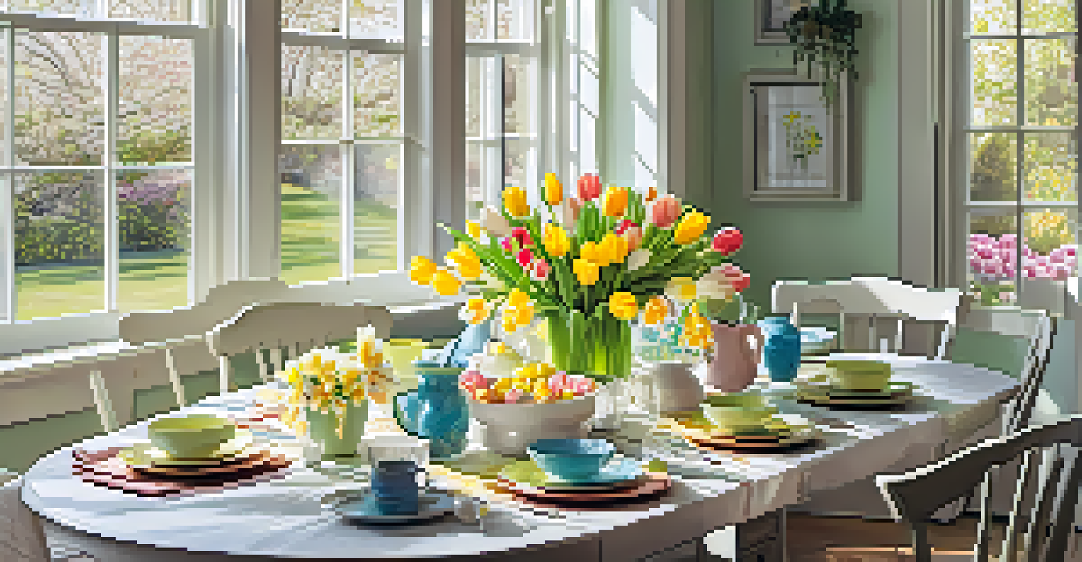 A vibrant spring dining table adorned with blooming flowers, colorful napkins, and potted plants, bathed in warm sunlight.