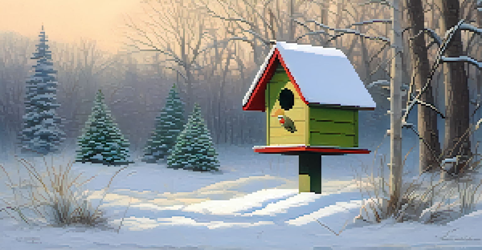 A winter scene featuring a birdhouse decorated with evergreen branches and snow, with a bird perched on it.
