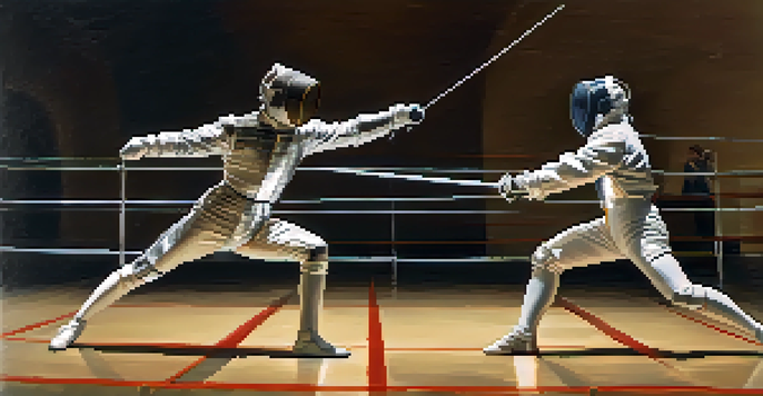 Two fencers in an action-packed duel, one lunging with a foil and the other in a defensive stance, set in a well-lit fencing arena.