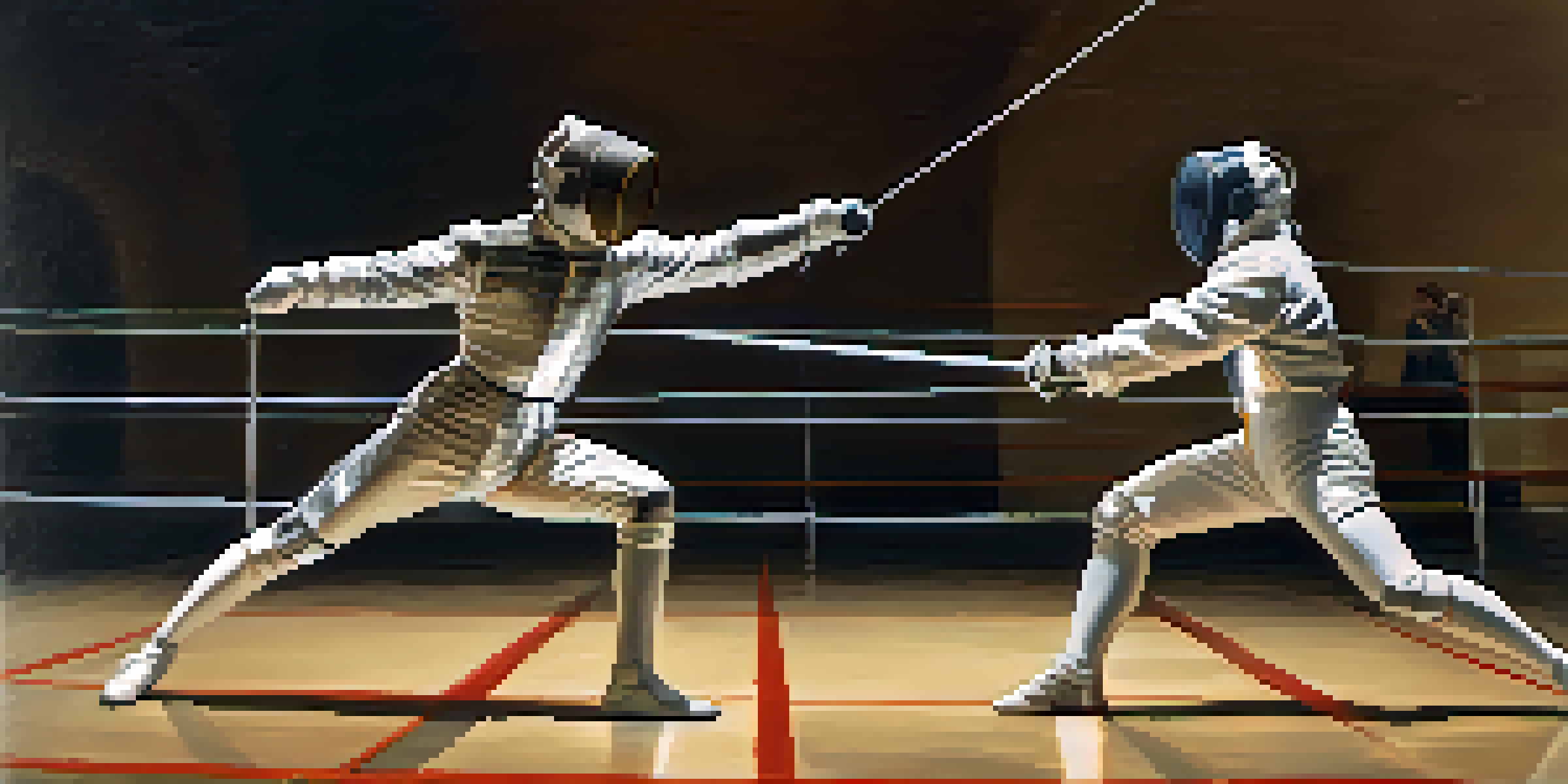 Two fencers in an action-packed duel, one lunging with a foil and the other in a defensive stance, set in a well-lit fencing arena.
