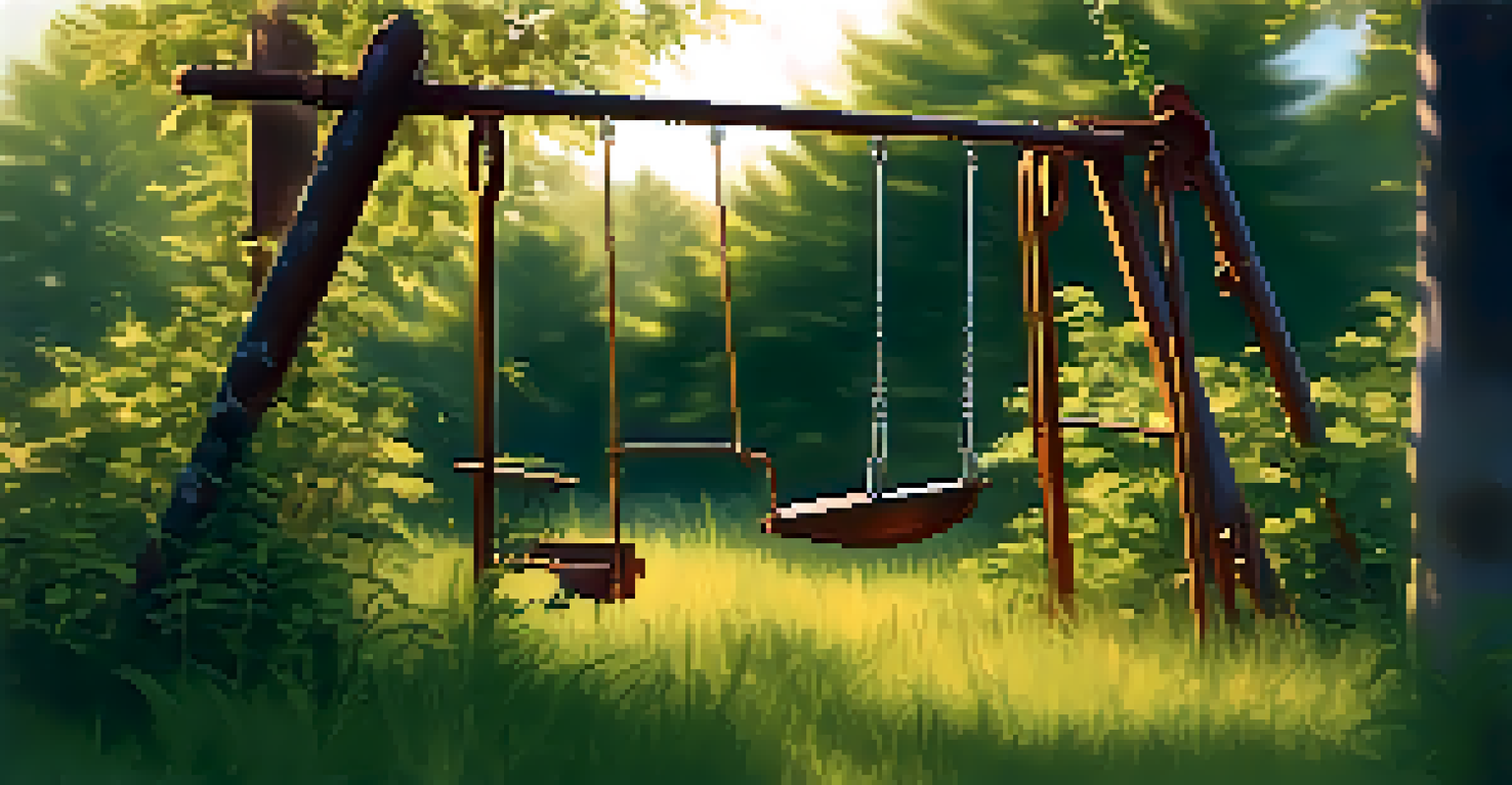 A rusty swing set in an overgrown yard, surrounded by tall grass and vines, evoking feelings of nostalgia and lost childhood.