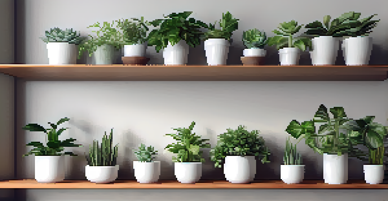 A vertical indoor garden on wooden shelves filled with trailing plants and succulents under natural light.