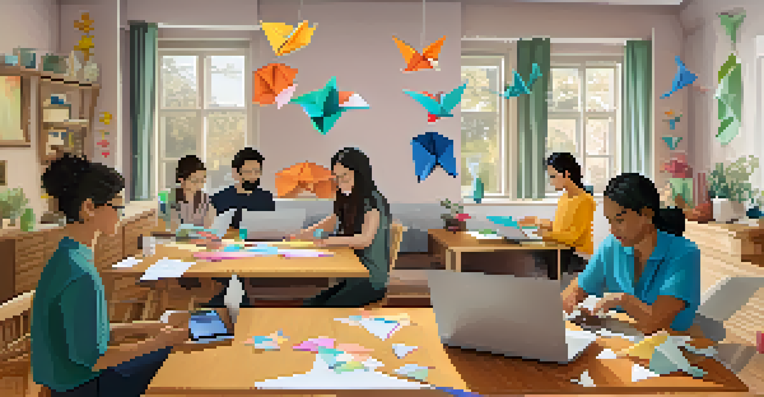 A virtual origami workshop on a laptop screen, featuring participants following along with an instructor, surrounded by their own origami creations.