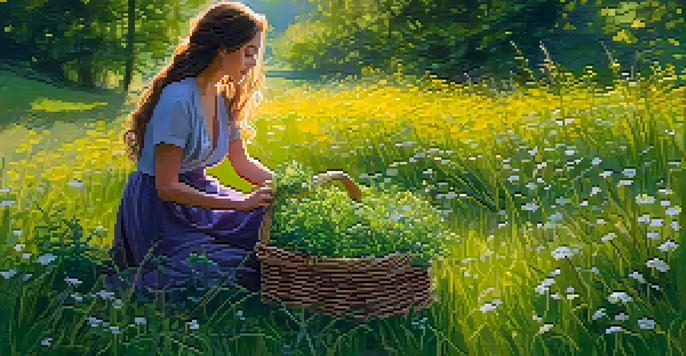 A person foraging for wild greens in a sunlit meadow, surrounded by colorful wildflowers.