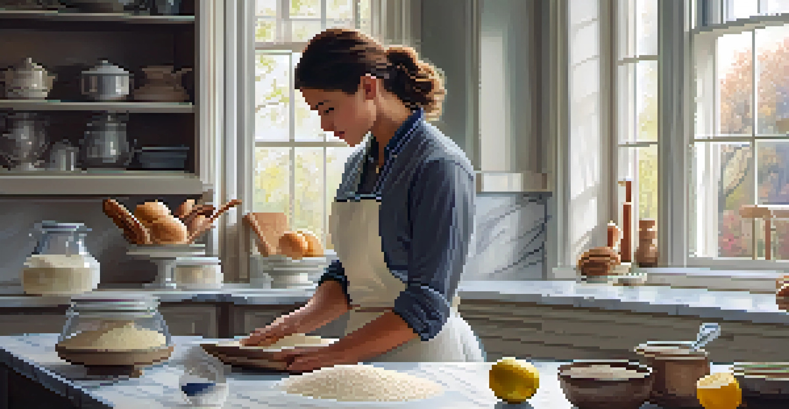 A baker measuring flour on a digital scale in a stylish kitchen with baking tools in the background.