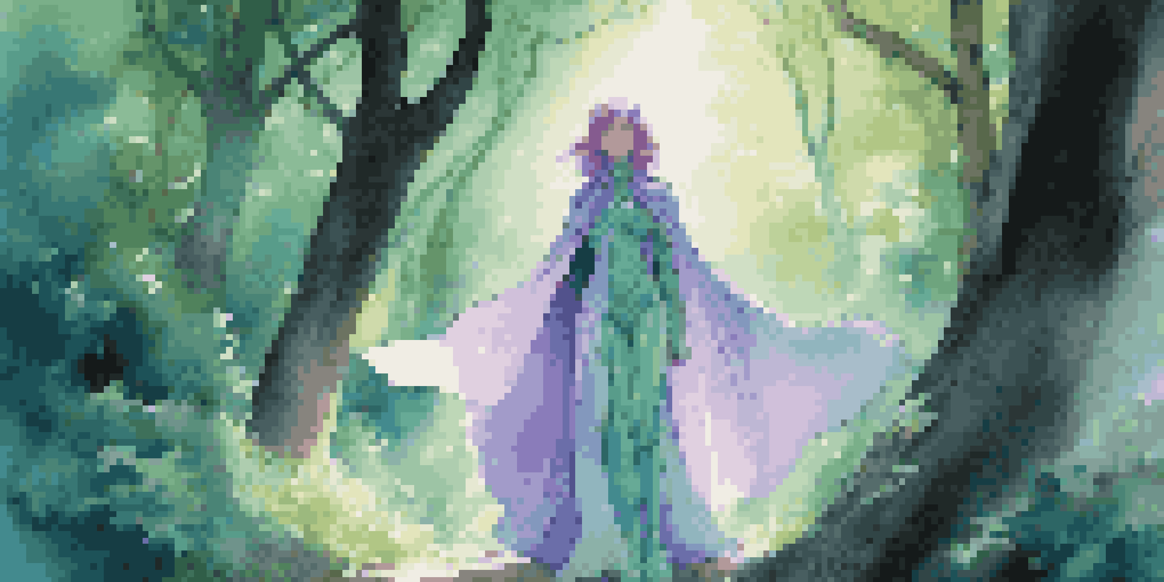 A character in a flowing cape made of shimmering fabric stands in a lush fantasy forest with sunlight filtering through the leaves.
