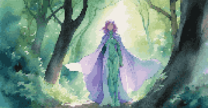 A character in a flowing cape made of shimmering fabric stands in a lush fantasy forest with sunlight filtering through the leaves.