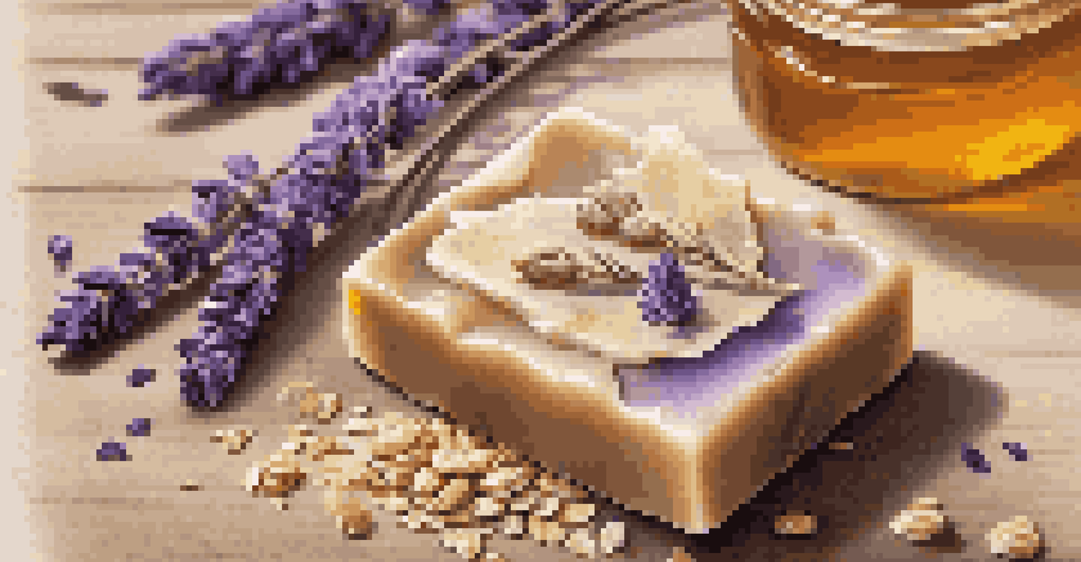 A close-up of a handmade soap bar with oatmeal and lavender buds, placed on a wooden table with lavender flowers and a bowl of honey in the background.
