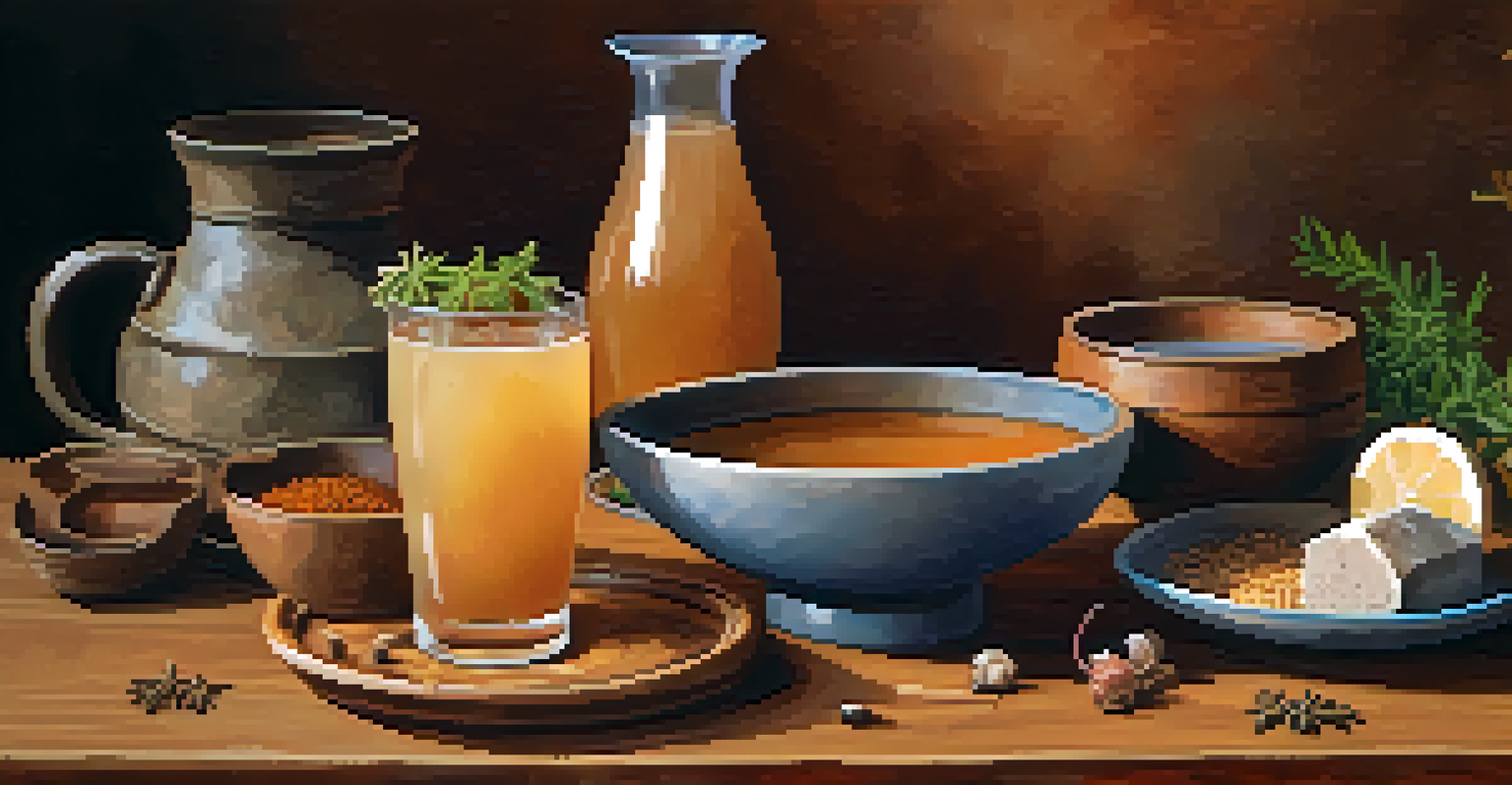 An artistic display of traditional fermented beverages like kefir, pulque, and kvass on a wooden table, with herbs and spices in warm light.
