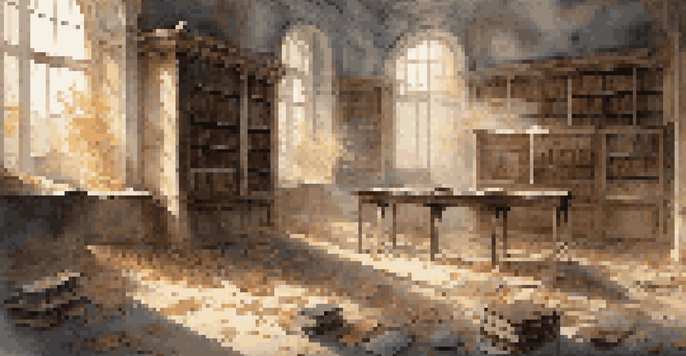 A dilapidated library with sunlight filtering through dusty windows, illuminating scattered books and faded furniture.