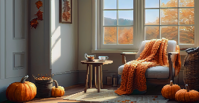 A warm knitting corner with a scarf, a cup of latte, and autumn leaves, illuminated by soft sunlight.