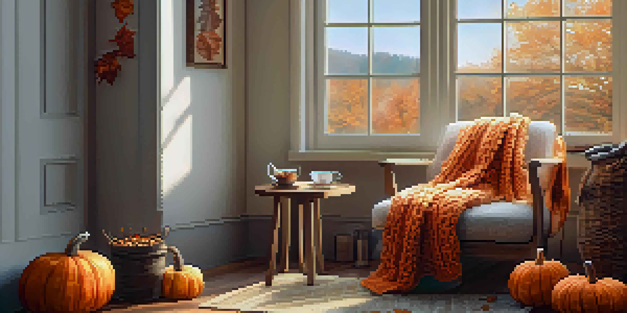 A warm knitting corner with a scarf, a cup of latte, and autumn leaves, illuminated by soft sunlight.