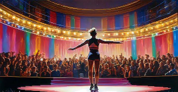 A performer stands confidently on stage, surrounded by colorful lights, while an engaged audience watches with expressions of excitement.