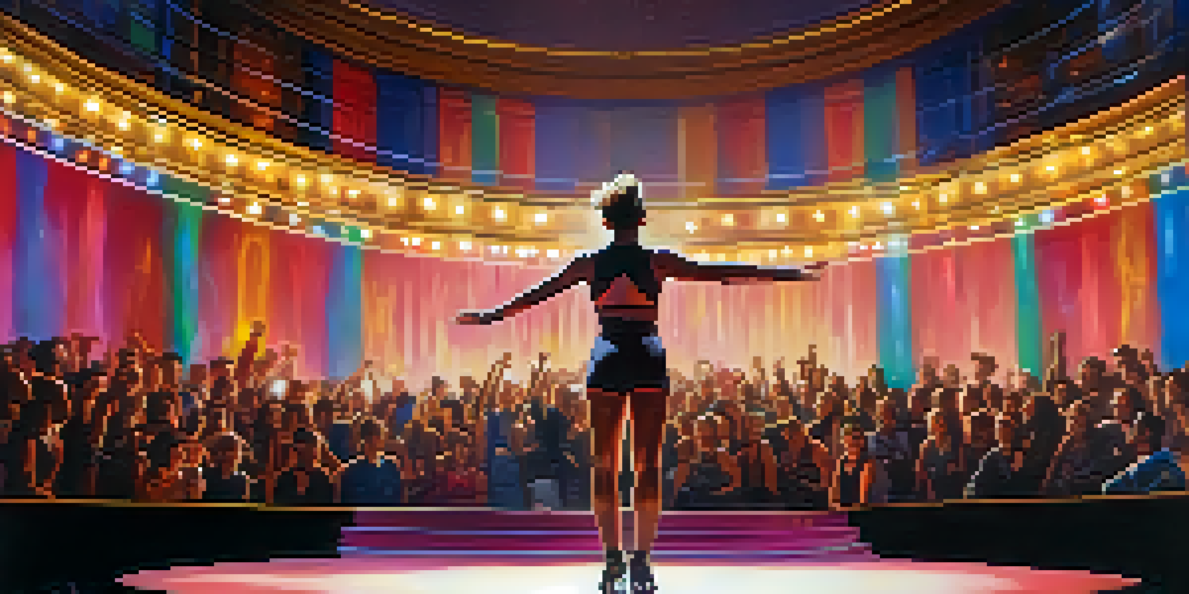 A performer stands confidently on stage, surrounded by colorful lights, while an engaged audience watches with expressions of excitement.
