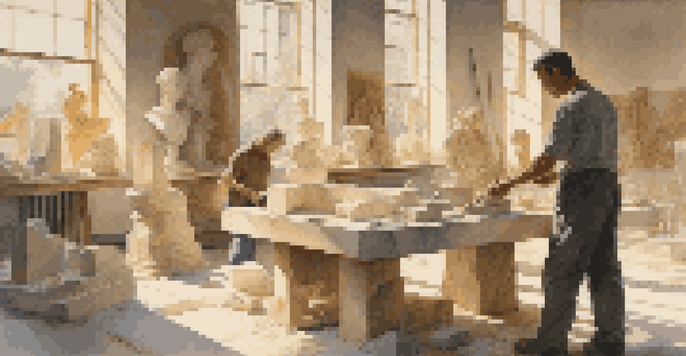 A sculptor working on a marble sculpture in a brightly lit studio, with tools and sculptures around.