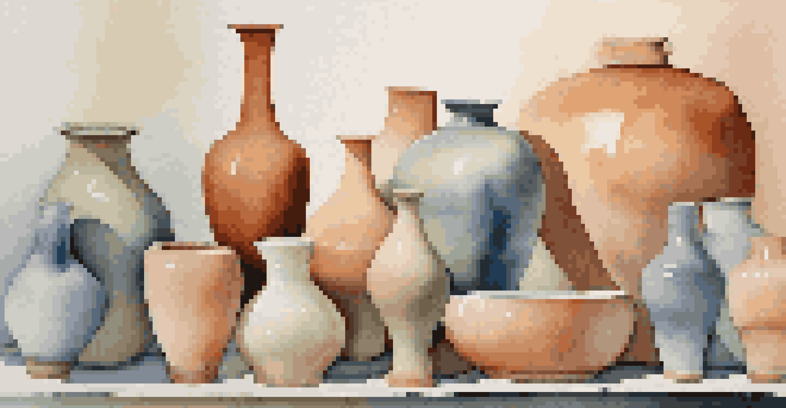 A display of various ceramic pieces with unique glazes, set against a soft gradient background.