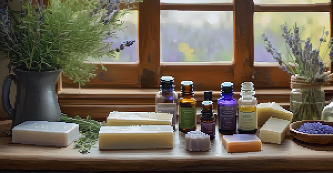 A soap-making workspace with essential oils, dried herbs, and a wooden mold in warm lighting.