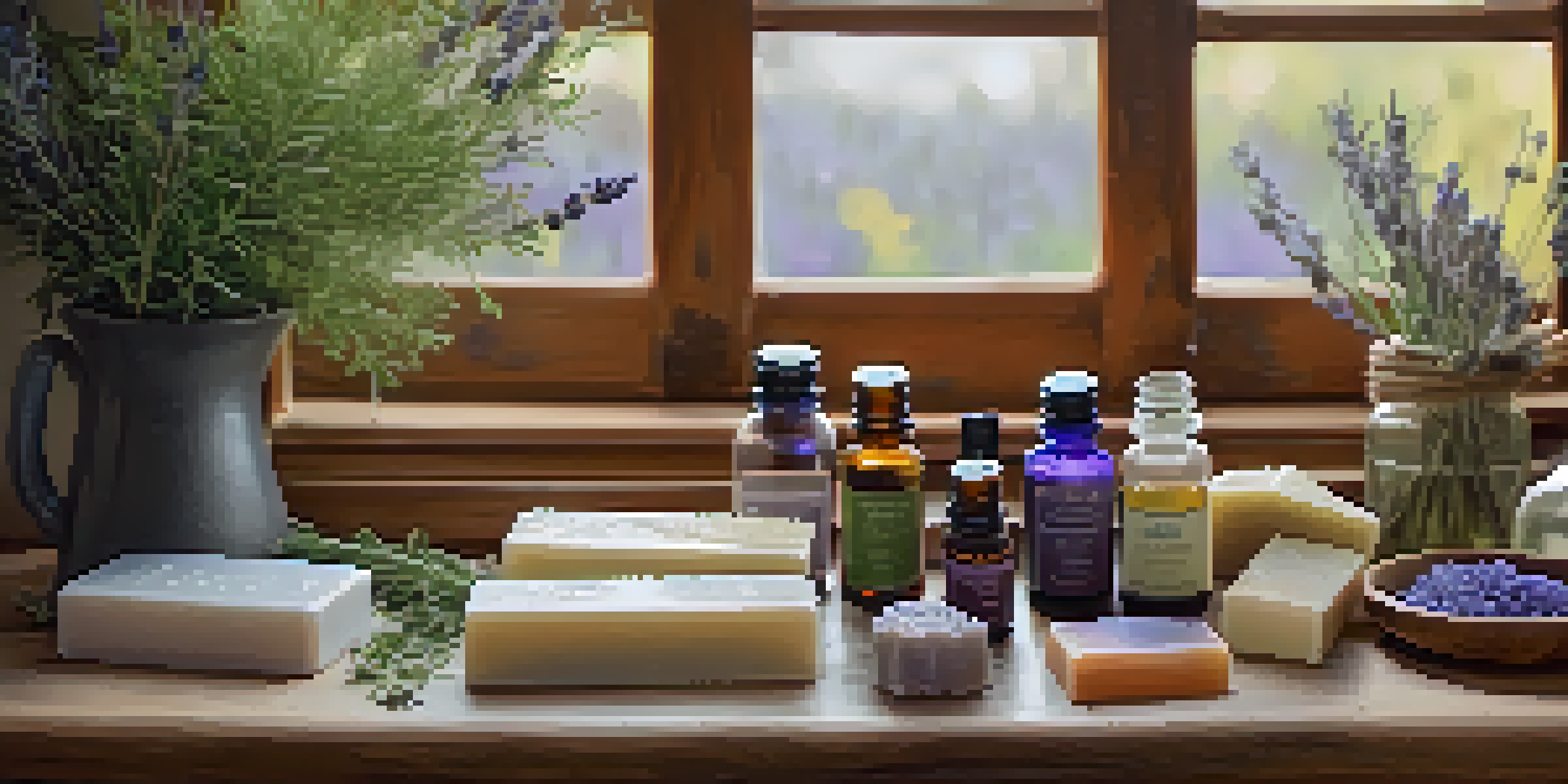 A soap-making workspace with essential oils, dried herbs, and a wooden mold in warm lighting.