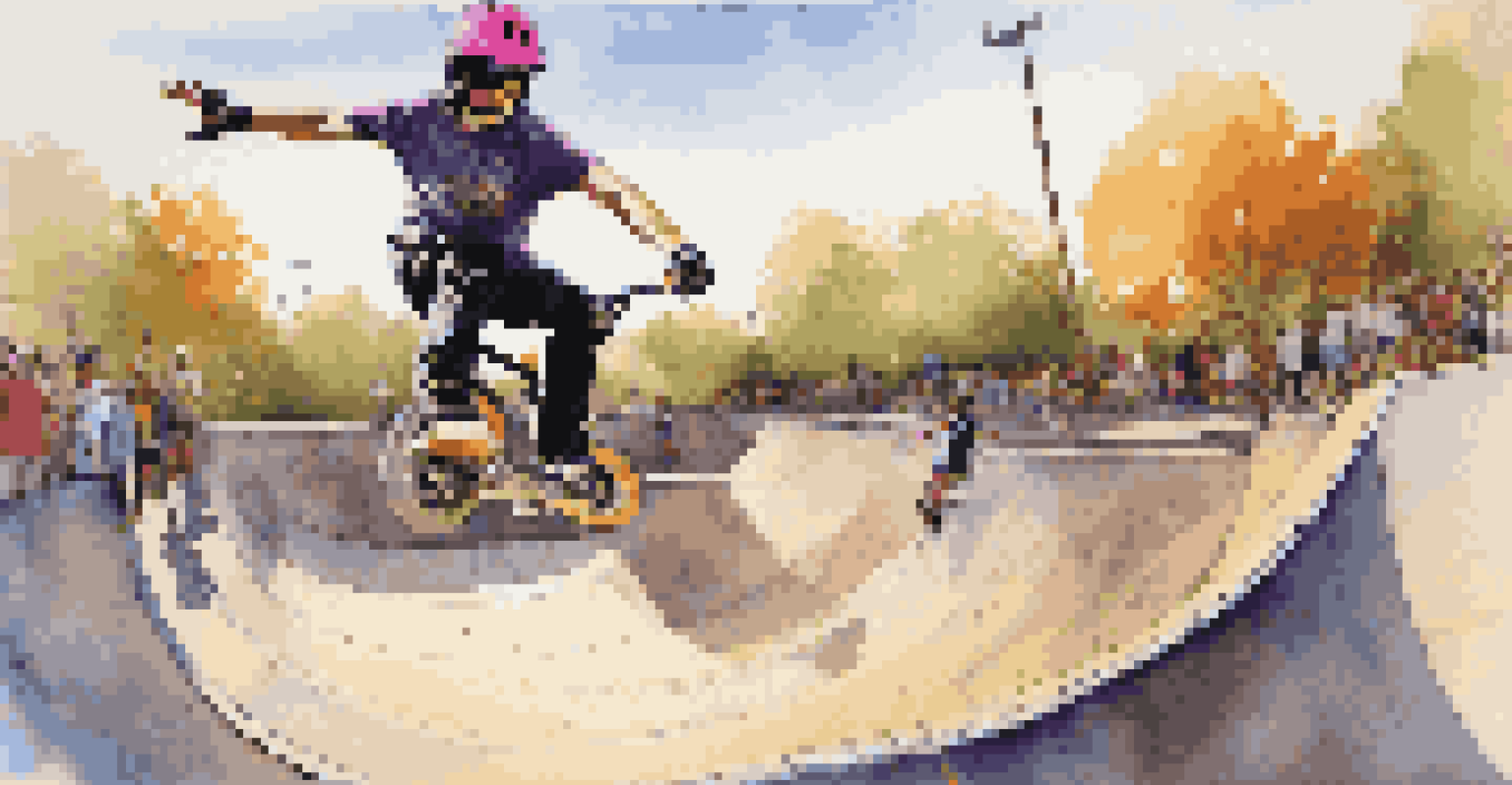 A BMX rider performing an aerial trick at a skate park with spectators in the background.