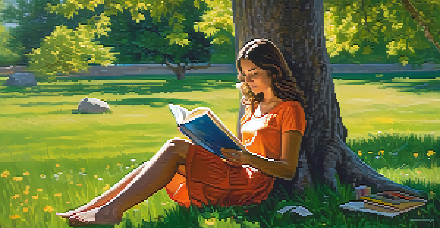 A young woman reading under a tree, with a notebook and colorful flowers around her.