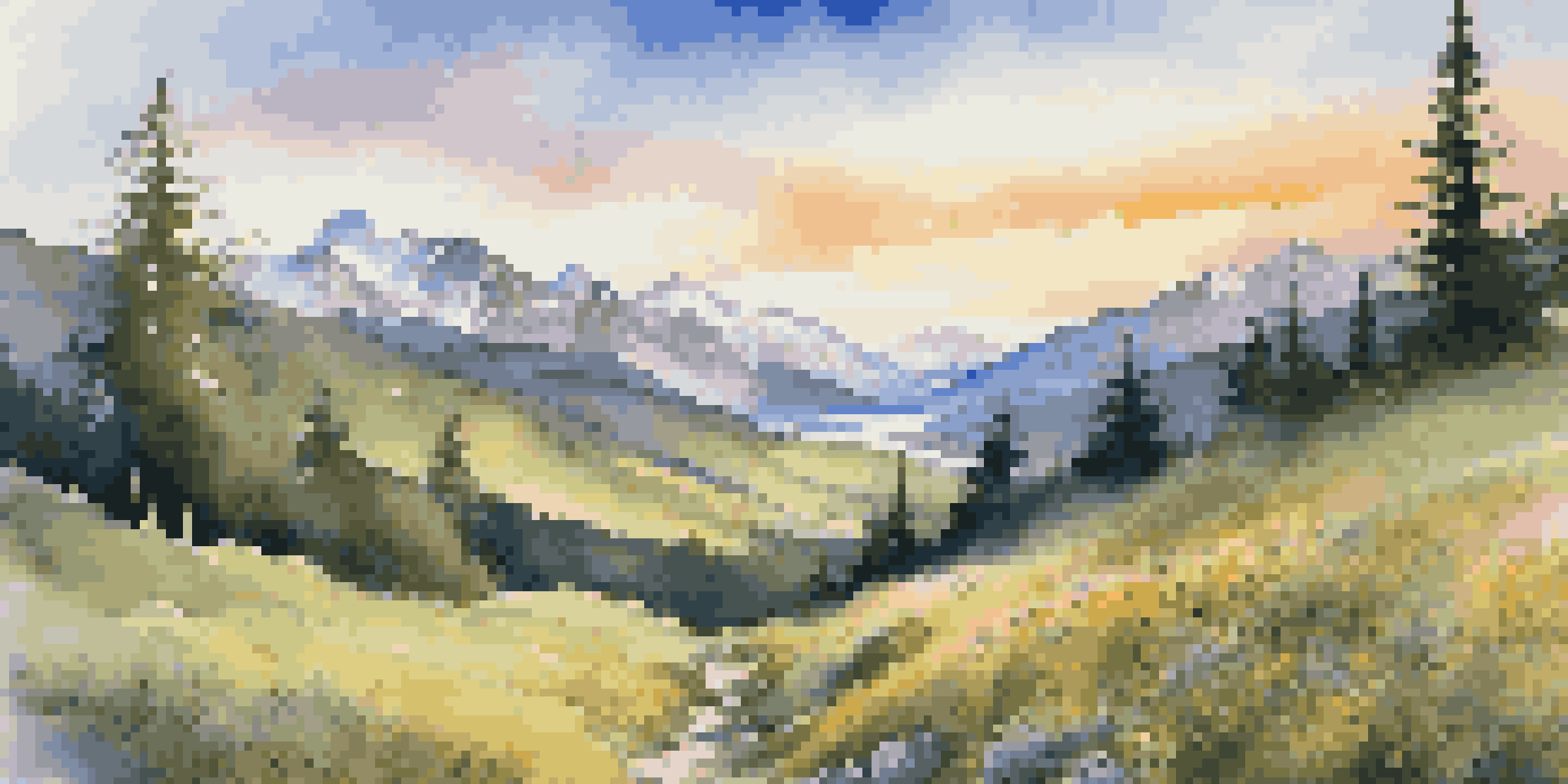 A beautiful mountain landscape at sunrise with a winding hiking trail, lush meadows, wildflowers, and distant snow-capped peaks.