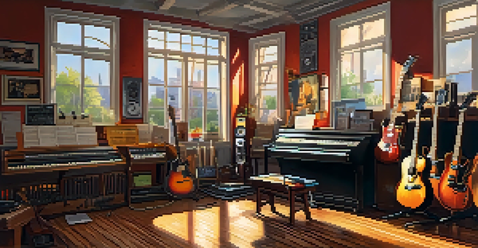 A colorful music studio with various instruments and sunlight streaming in, creating a creative environment.