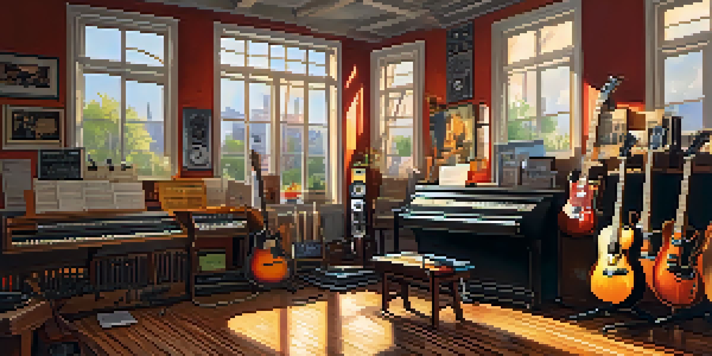 A colorful music studio with various instruments and sunlight streaming in, creating a creative environment.