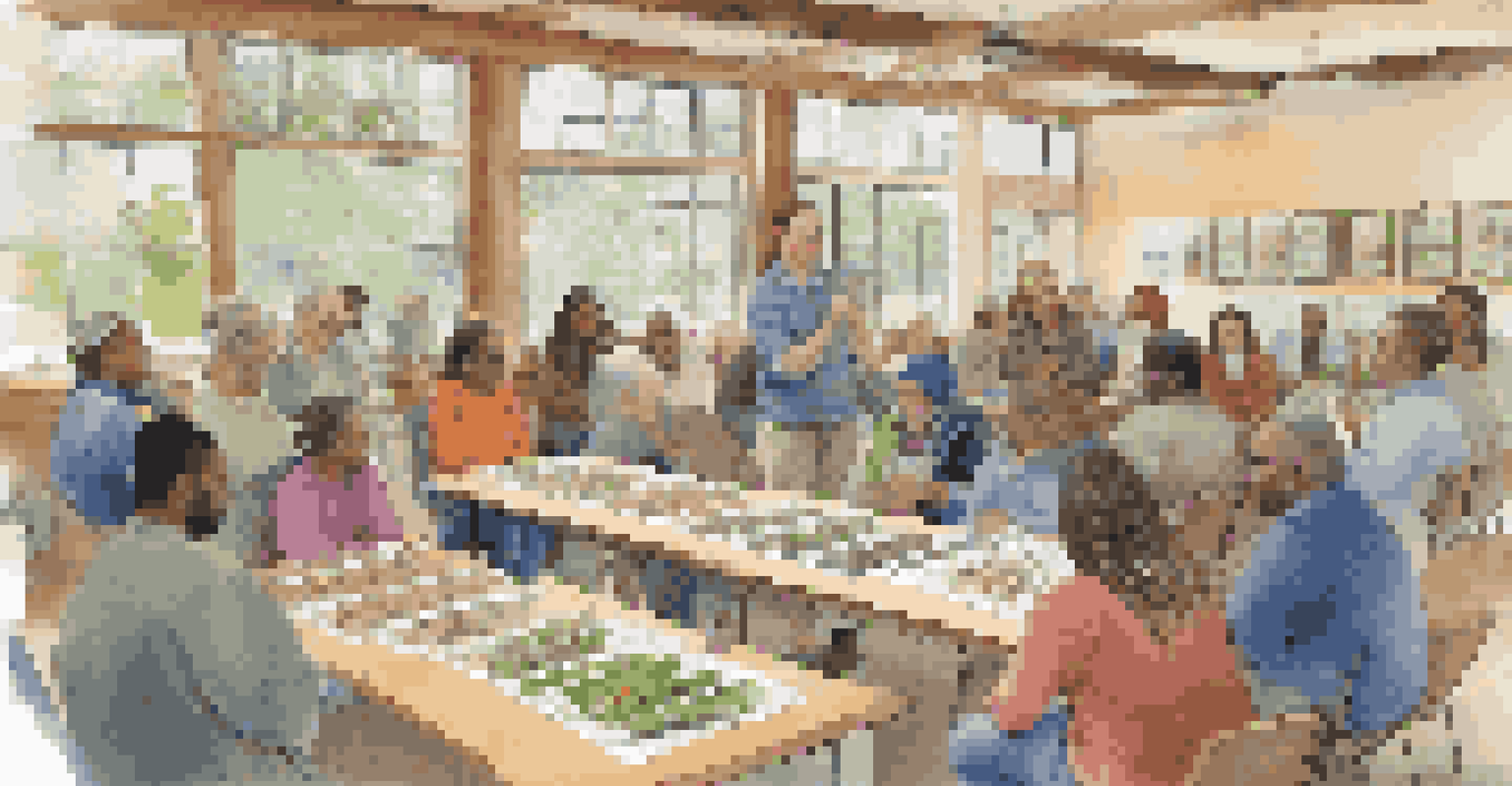A community workshop on bird conservation with people discussing bird feed and learning about local species.