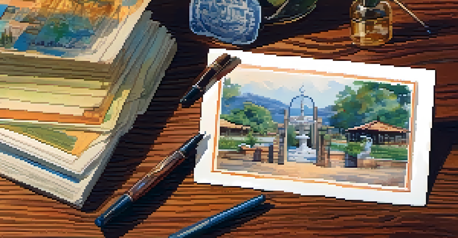 A colorful postcard showcasing local art and cultural symbols, placed on a rustic wooden surface with a fountain pen and ink bottle, illuminated by soft evening light.