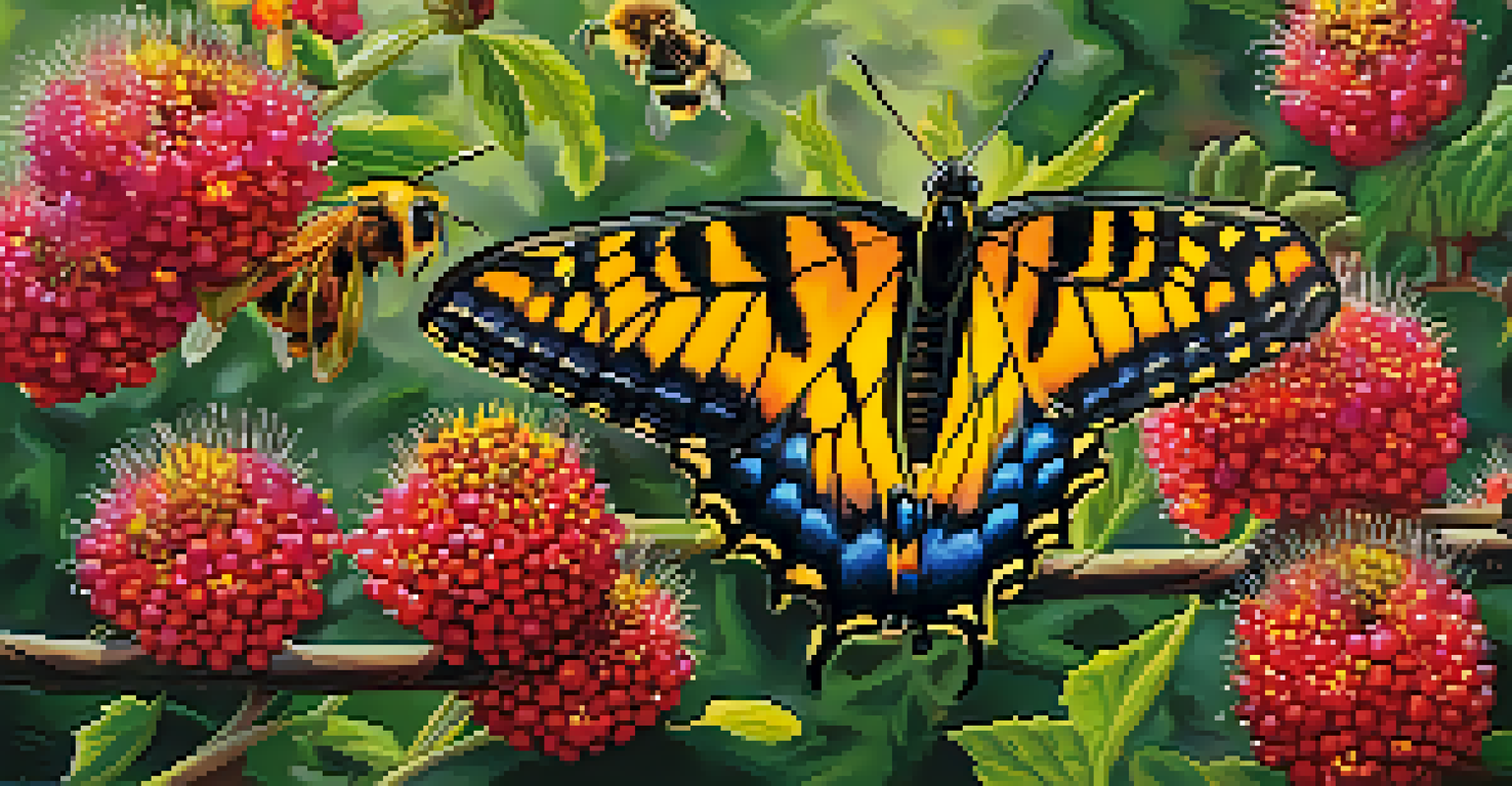 A detailed close-up of a native shrub with berries being visited by bees and butterflies.