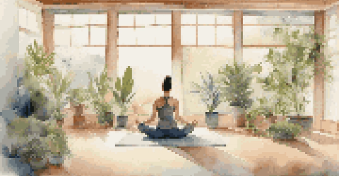 A person practicing Breath of Fire in a bright yoga studio filled with plants, portraying concentration and a sense of calm energy.