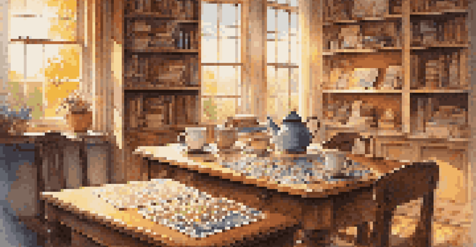 A warm and inviting room featuring a wooden table with jigsaw puzzles and a cup of tea, illuminated by sunlight.
