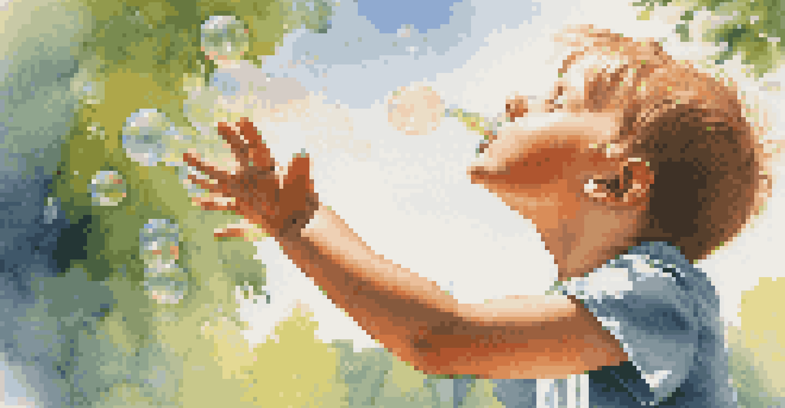A child blowing soap bubbles in a park with trees and a blue sky in the background.