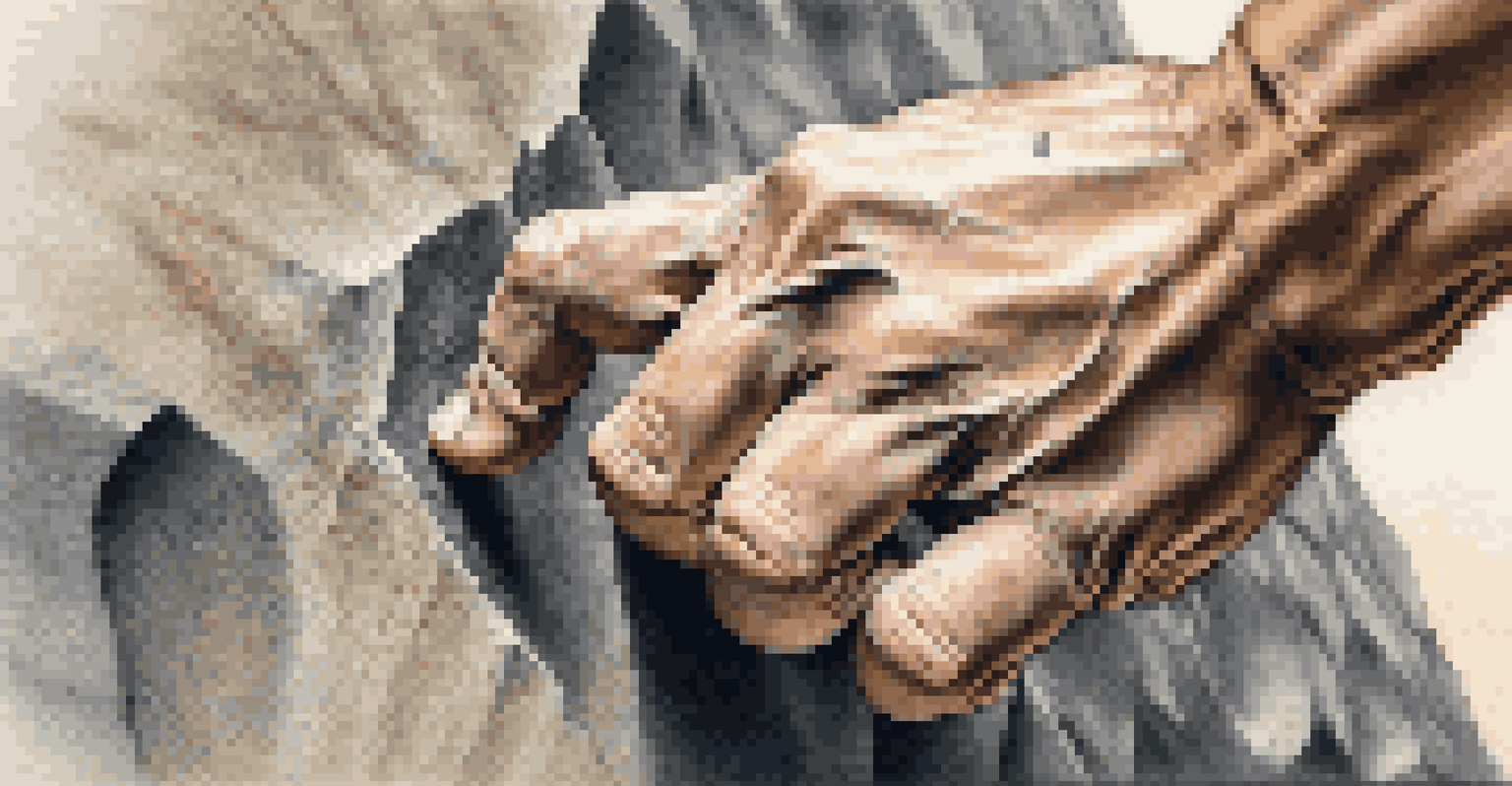 A close-up of a climber's chalked hand gripping a bouldering hold, with a blurred climbing wall in the background.