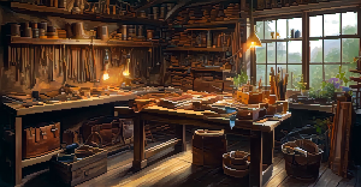 An artisan in a workshop crafting sustainable leather goods from apple peel leather, surrounded by tools and finished products in warm lighting.