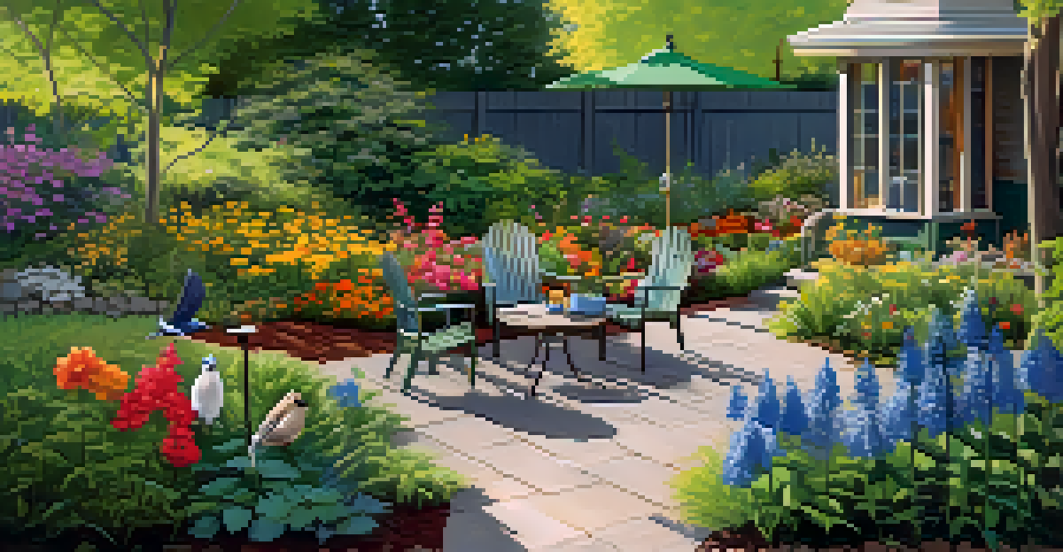 A backyard garden with native plants, a bird feeder, and a birdbath, inviting birds and providing a cozy observation spot.