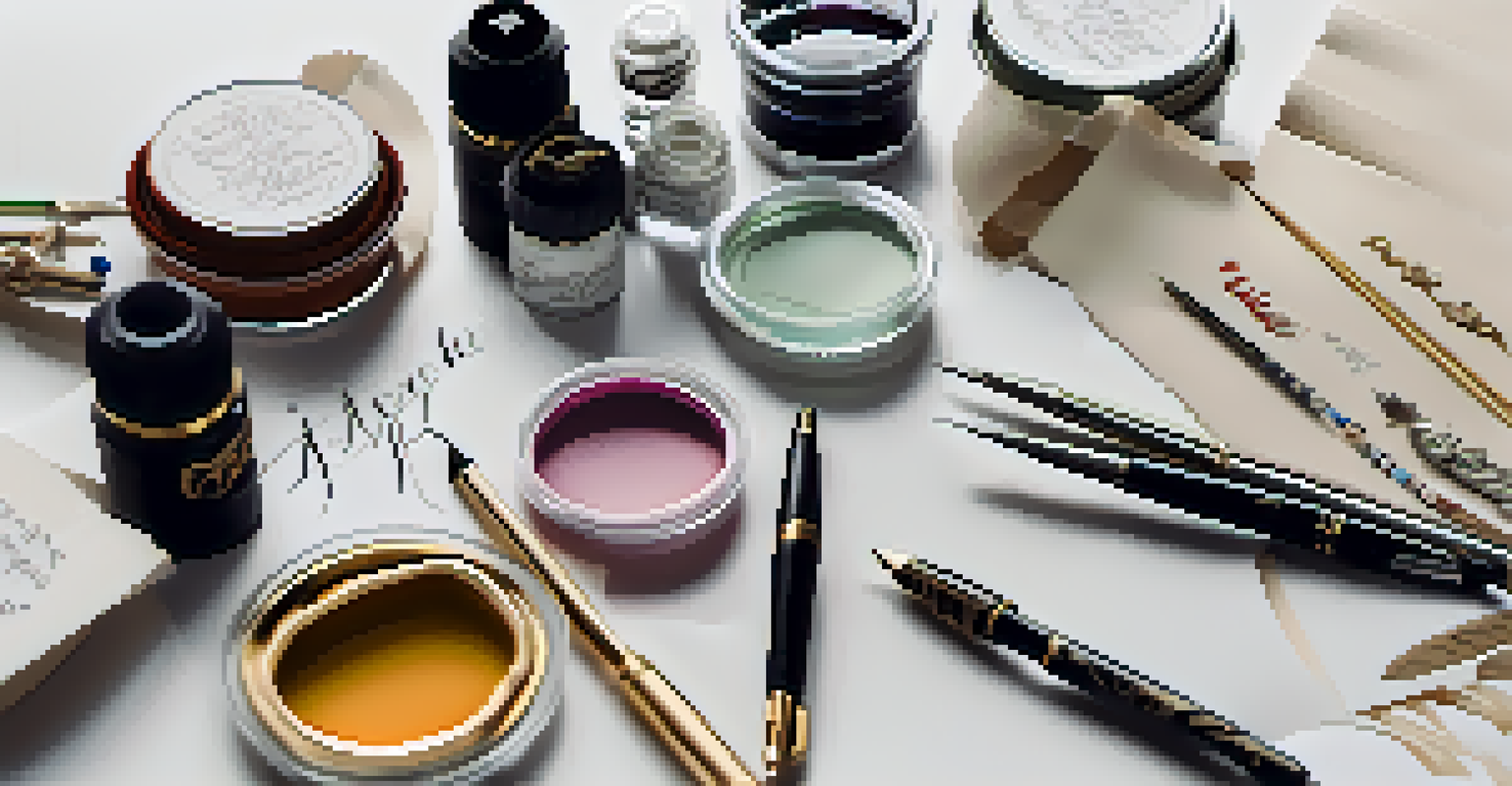 An organized calligraphy kit with dip pens, nibs, and calligraphy paper on a white background, highlighting each tool's features.