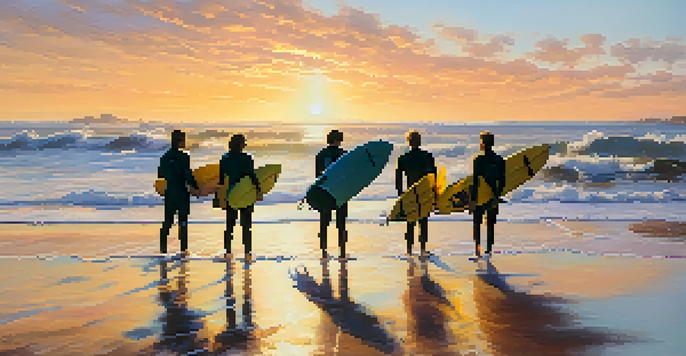 A group of surfers cleaning the beach at sunset, wearing colorful wetsuits and collecting trash.