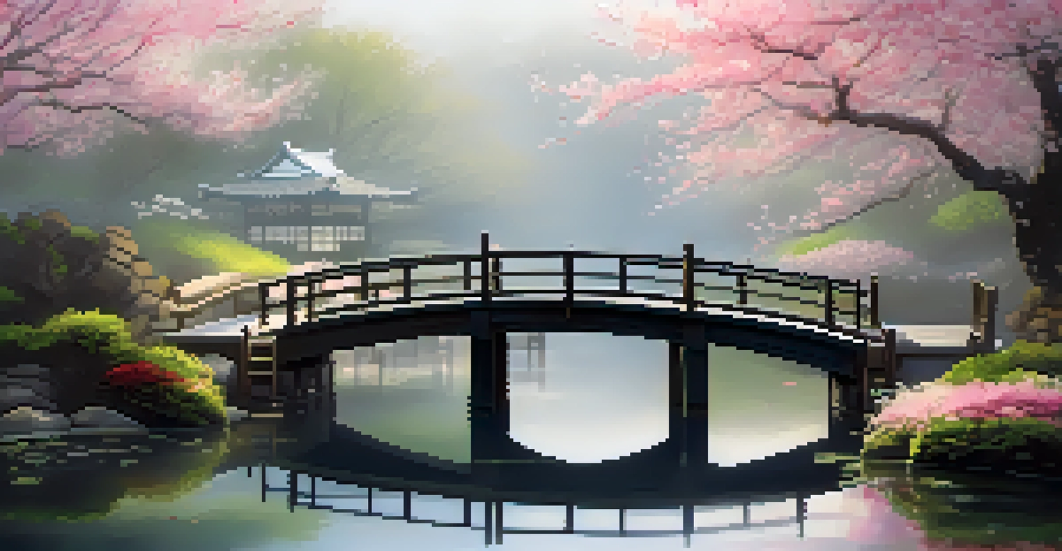 A misty morning in a Japanese garden, with a koi pond and cherry blossom trees, creating a tranquil and serene atmosphere.