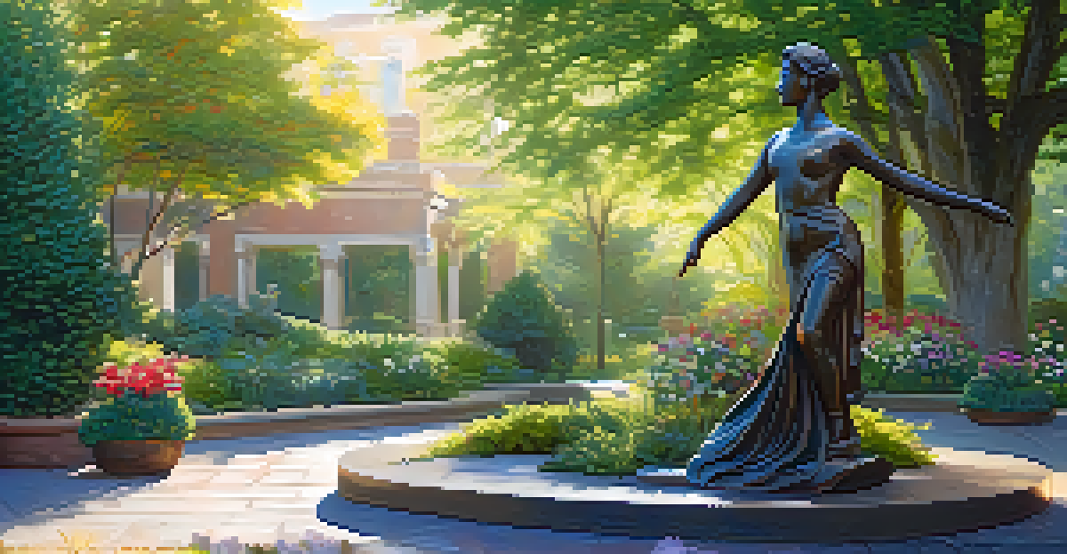 A bronze statue of a dancer in a tranquil outdoor garden, illuminated by soft morning light, surrounded by greenery and flowers.