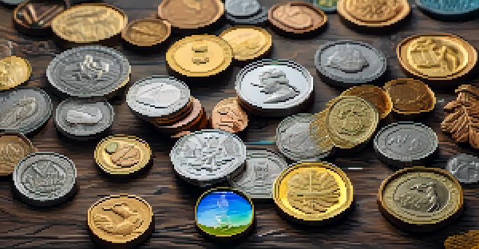 A variety of coins on a wooden table, illuminated by soft light, with a magnifying glass nearby.