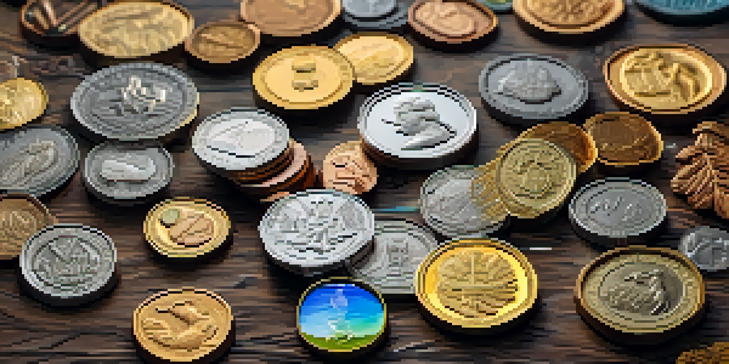 A variety of coins on a wooden table, illuminated by soft light, with a magnifying glass nearby.
