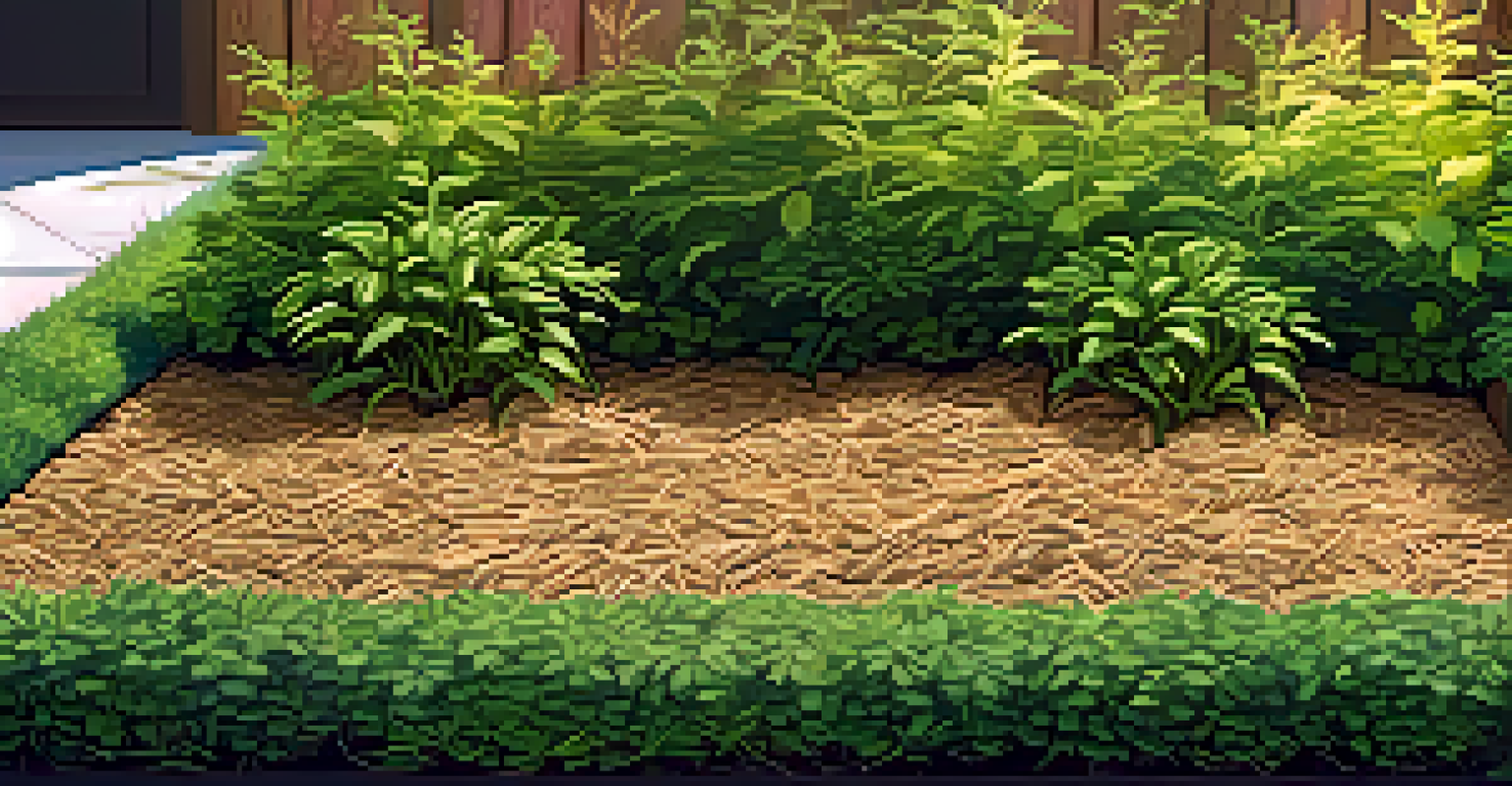 A close-up of a garden bed with organic mulch and thriving plants, highlighting the texture of the mulch and the healthy growth beneath.