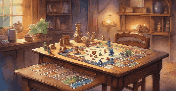 A colorful board game setup on a wooden table with illustrated game pieces and cards, softly lit to create a warm atmosphere.