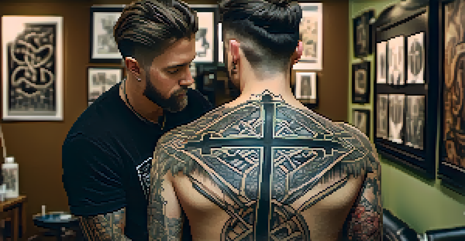 A tattoo artist working on a client's back, applying a detailed Celtic cross tattoo in a well-lit studio.