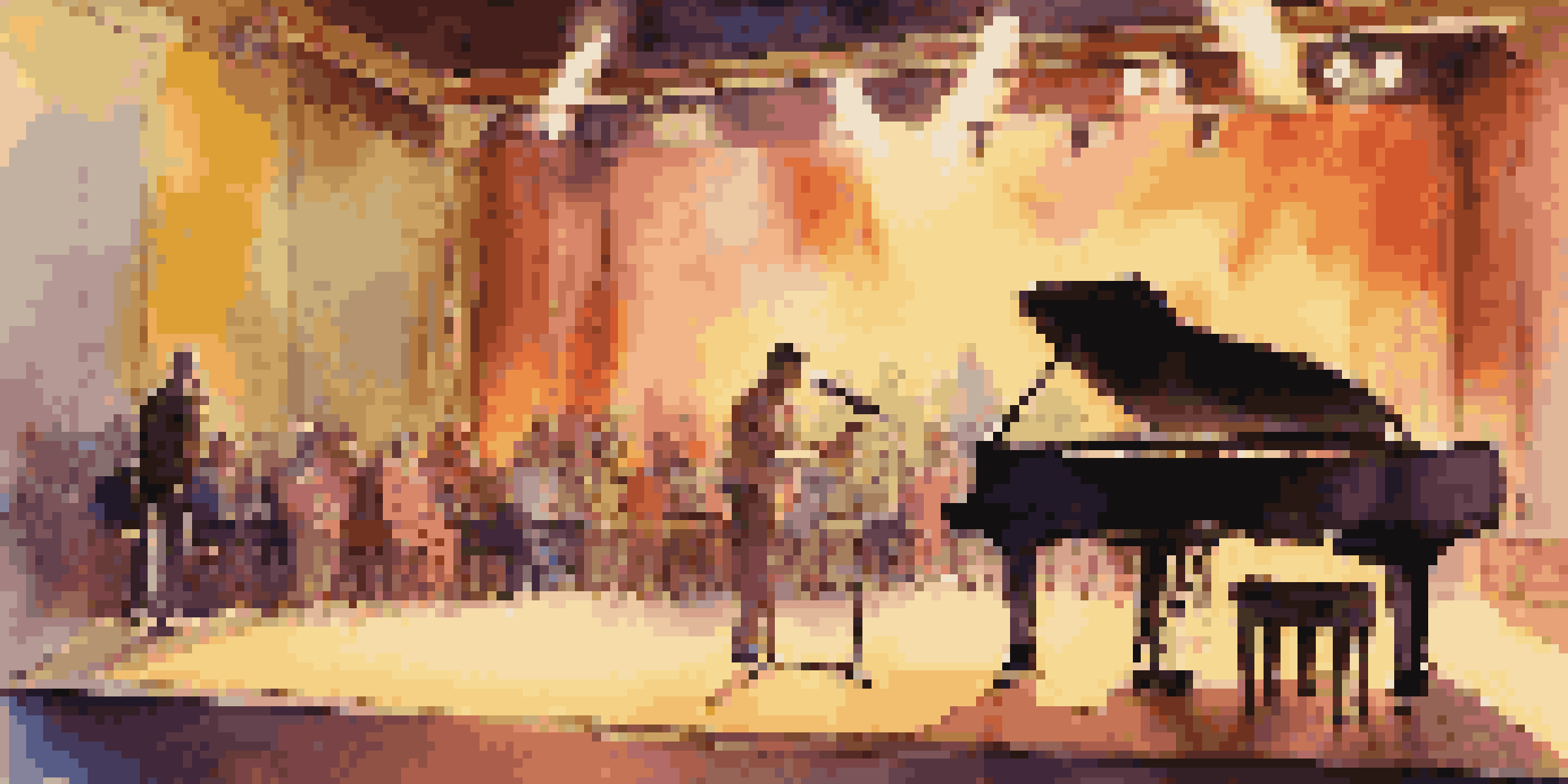 A lively performance stage with colorful lights, a vintage microphone, and a grand piano surrounded by flowers, with a blurred audience in the background.