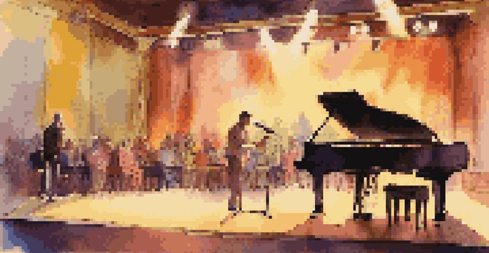 A lively performance stage with colorful lights, a vintage microphone, and a grand piano surrounded by flowers, with a blurred audience in the background.